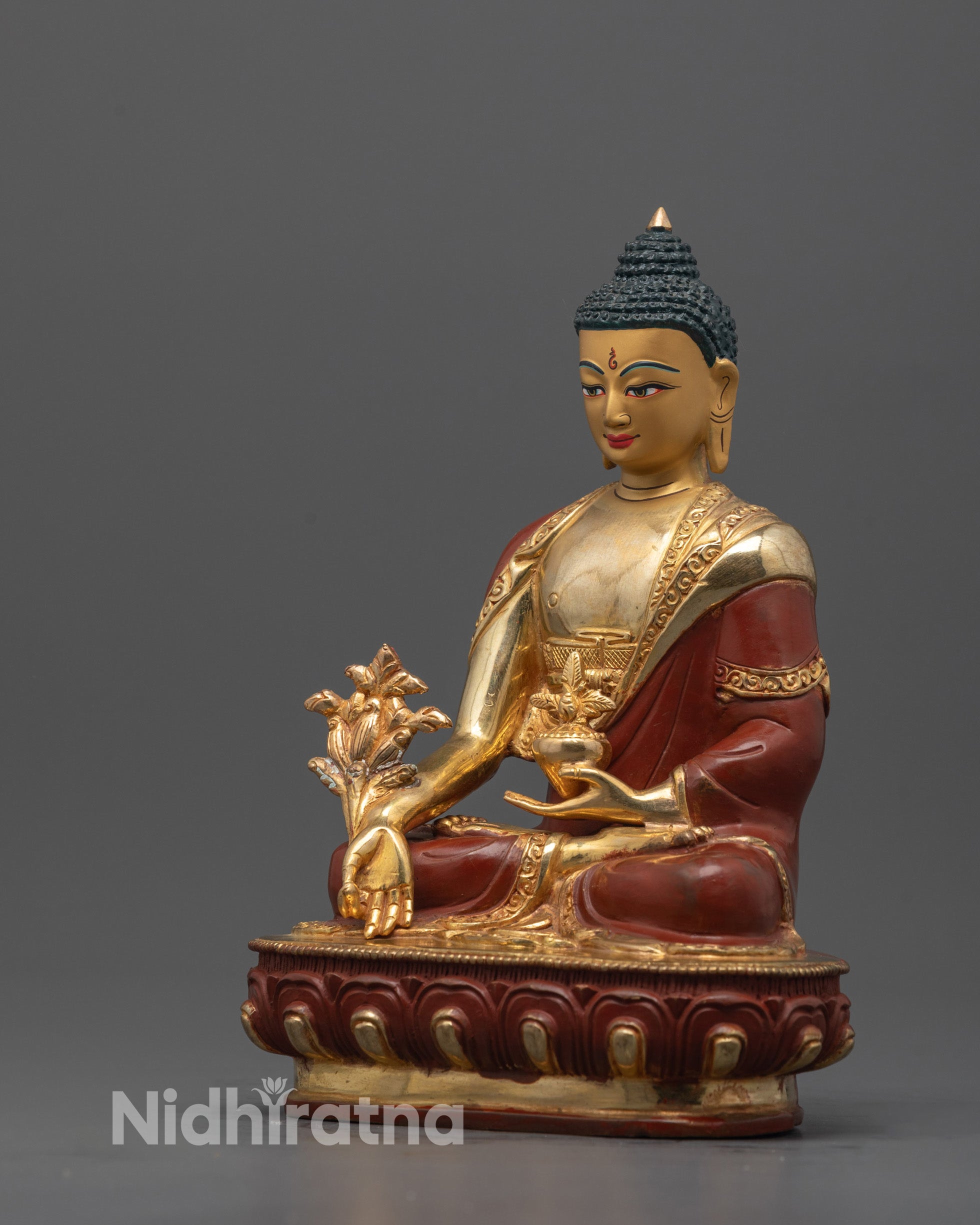 Back view of Medicine Buddha Statue highlighting exquisite carvings and gold-gilded throne
