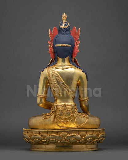 Back view of Mitrugpa statue showing detailed robe carvings and traditional lost-wax technique craftsmanship