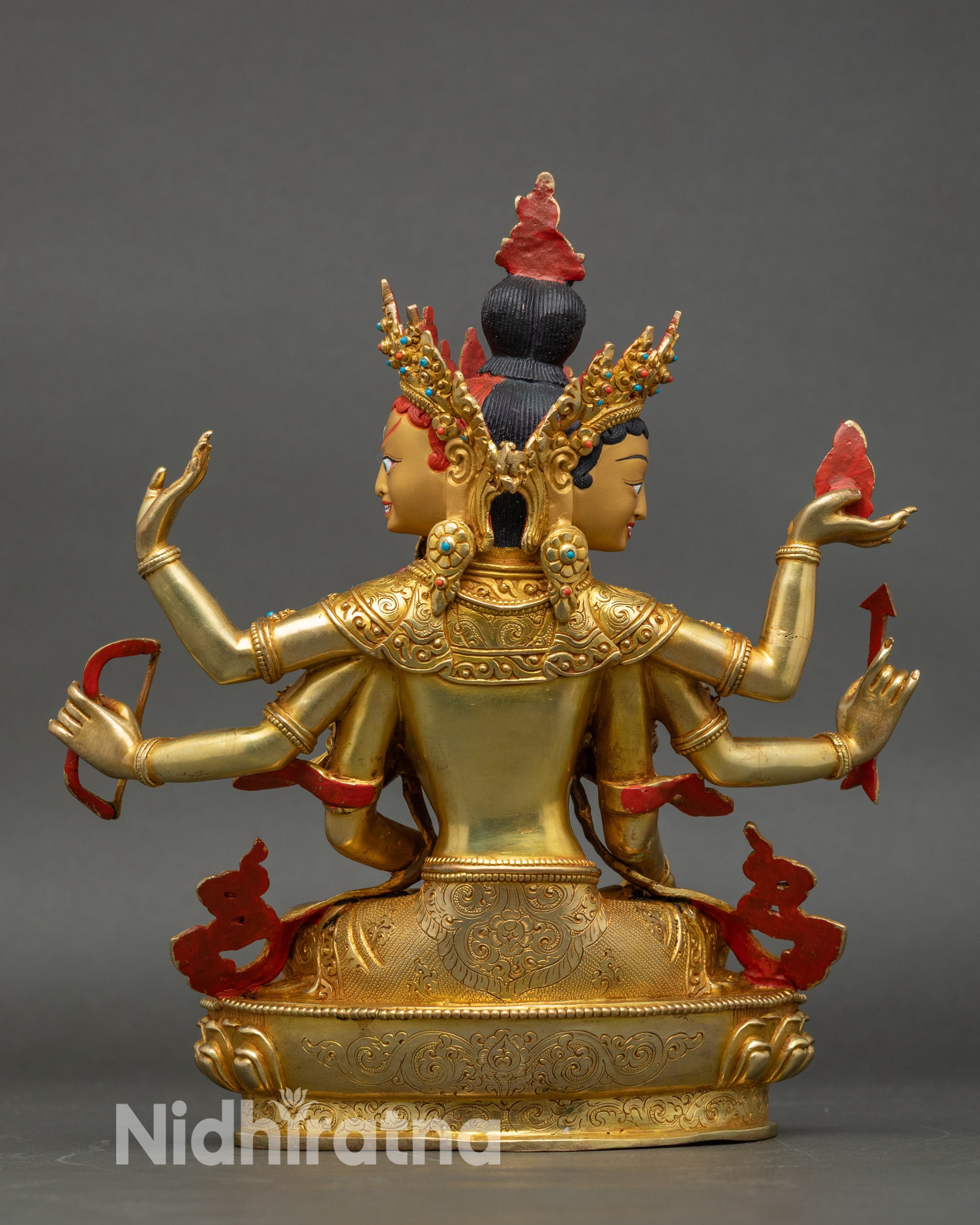 Back view of Namgyalma Statue, copper with gold fire-gilding and lotus pedestal details