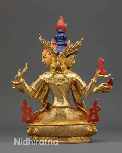 Back view of Namgyalma Statue with lotus base, dual deer, and dharmachakra carving