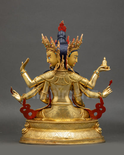 Back view of Namgyalma sculpture featuring dual deer and dharmachakra on lotus throne base