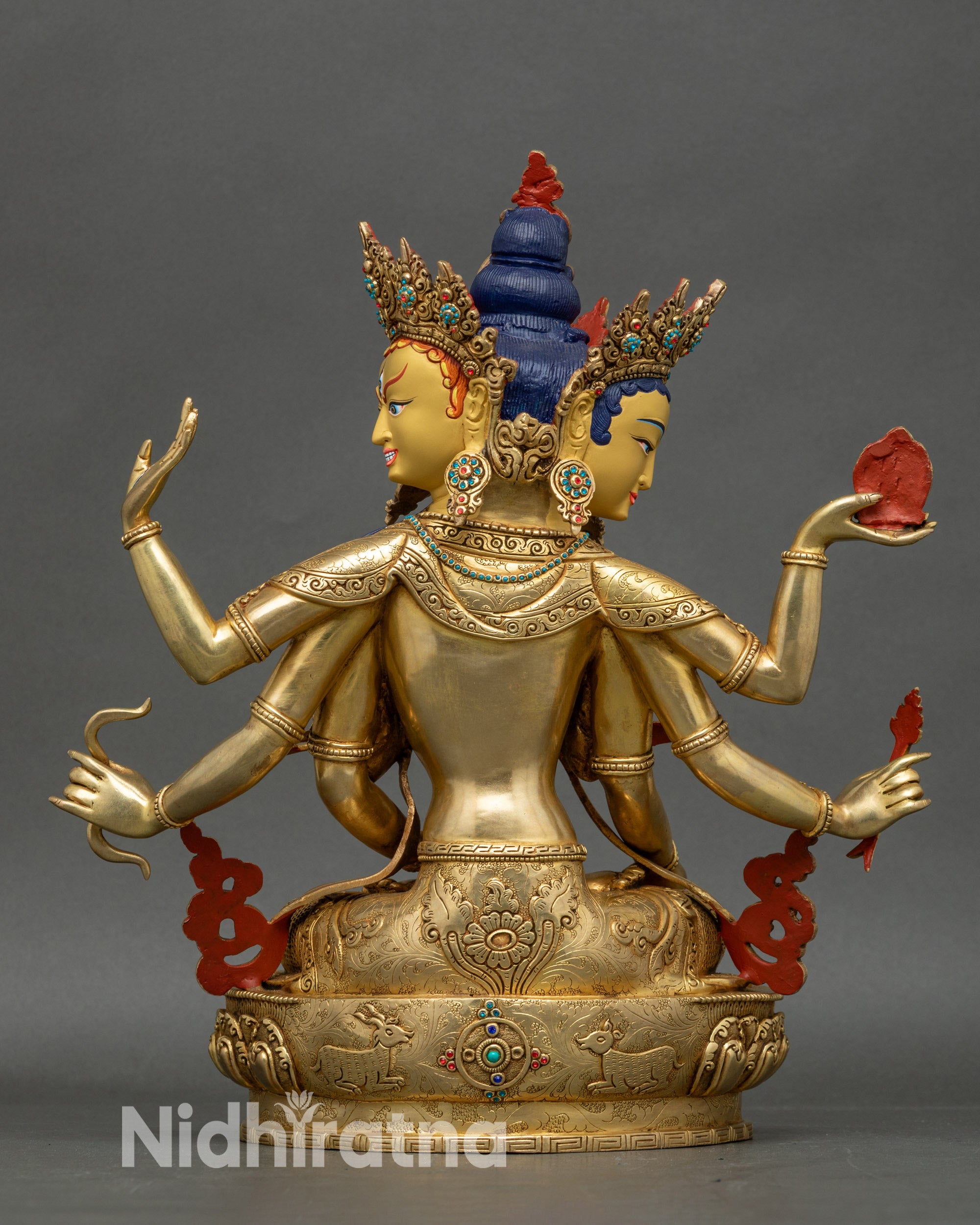 Back view of Namgyalma statue showing lotus throne and intricate rear detailing