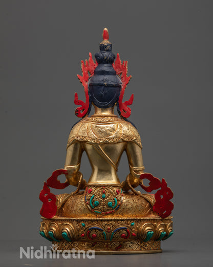 Back view of Nepalese Amitayus Statue showing intricate copper craftsmanship