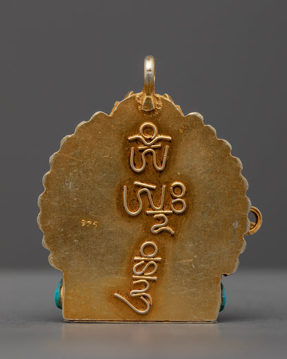 Back view of Nepalese Green Tara locket highlighting hand-carved design and stone inlays
