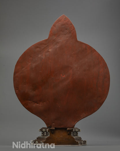 Back view of Oxidized Chenrezig Statue on lotus throne with intricate carved patterns