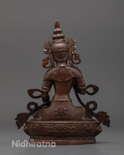 Back view of electroplated Vajrasattva statue with refined oxidized copper surface detailing