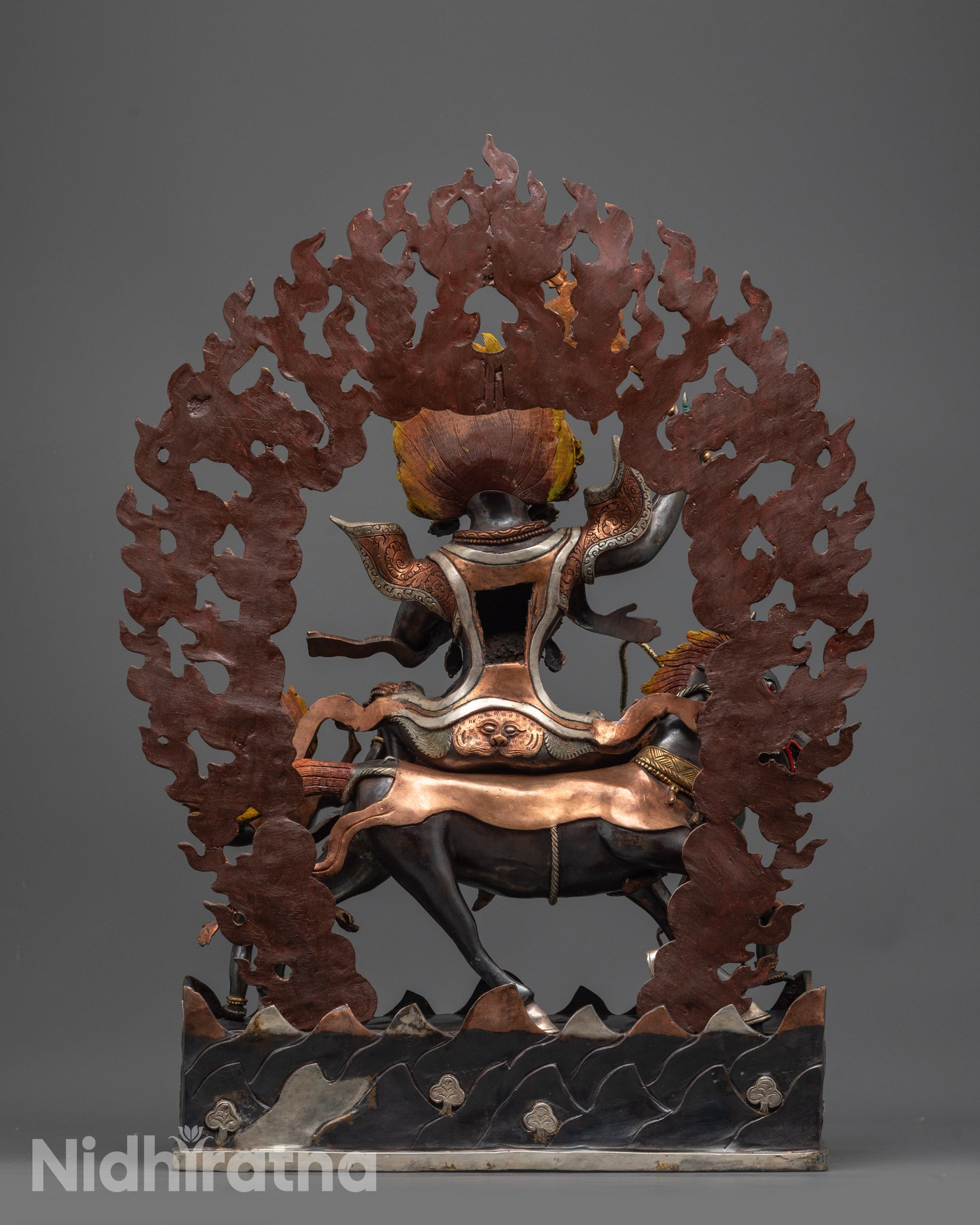 Back view of Palden Lhamo Statue highlighting gold-plated halo and carved premium details