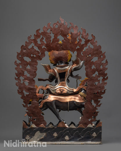 Back view of Palden Lhamo Statue highlighting gold-plated halo and carved premium details