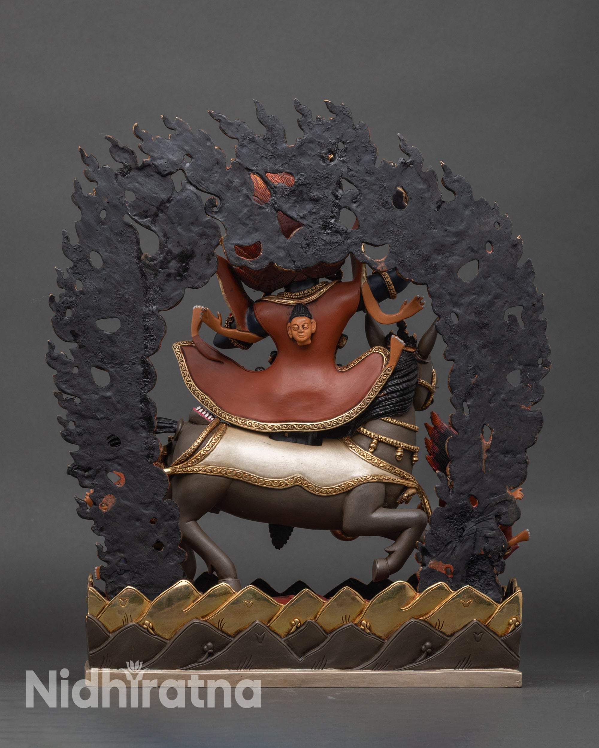 Back view of Palden Lhamo, mule with eye, gold robes, detailed halo, crafted by Nepalese artisans.