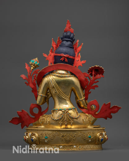 Back view of Premium Green Tara statue with gold-gilded crown and robe details
