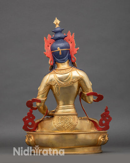 Back view of Purification Buddha statue, intricate robe details, traditional Nepalese craftsmanship