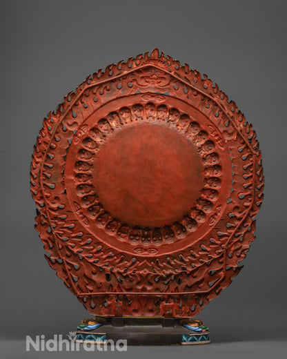 Back view of Red Kurukulla Statue with lotus seat and wisdom fire halo details