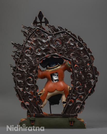 Back view of Sacred Begtsen Chen Buddhist Statue with Sword and Fierce Halo