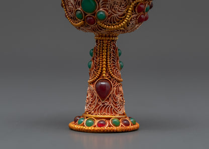 Back view of Serkyem Offering Bowl showing copper base and traditional Tibetan symbolic patterns