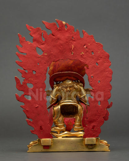 Back view of Shakya Mahakala statue highlighting halo carvings and intricate craftsmanship
