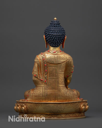 Back view of Shakyamuni Buddha lotus seat with carved Buddhist conch shell symbol