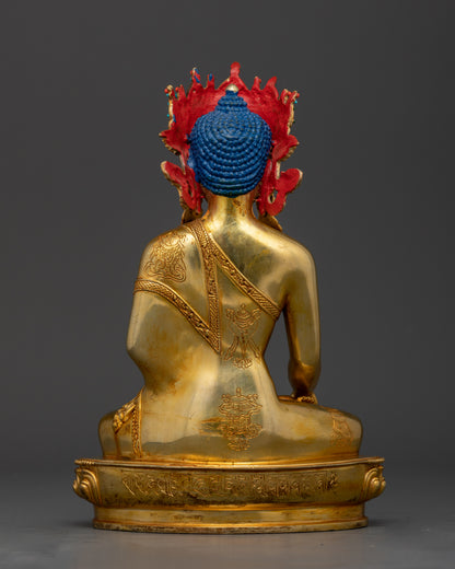 Back view of Shakyamuni Buddha statue highlighting detailed lotus seat and fire-gilded craftsmanship