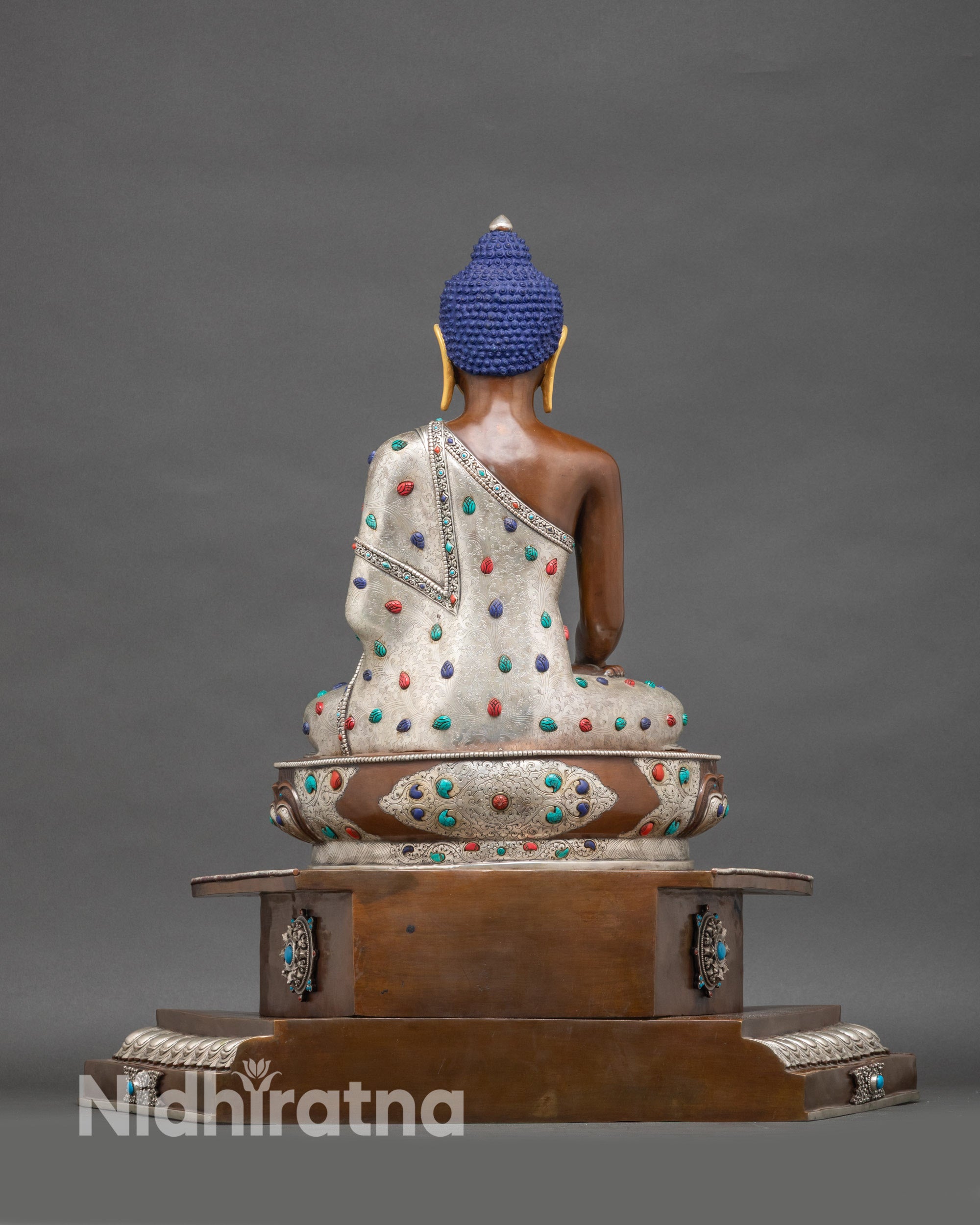 Back view of Shakyamuni Buddha with disciples, handcrafted Nepalese artisan meditation statue