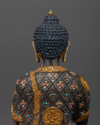 Back view of Siddhartha Gautama altar statue highlighting handcrafted Newari artistry