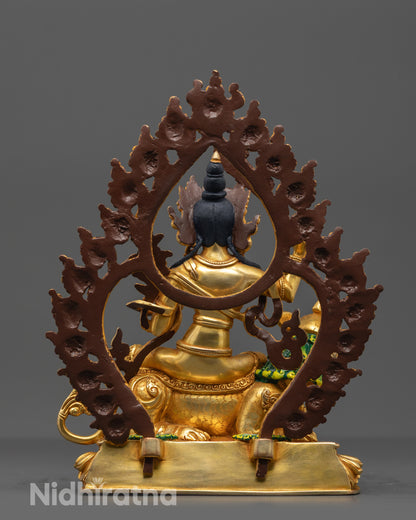 Back view of Simhada Manjushri showcasing carved details, sacred shells, and halo
