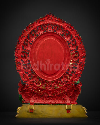 Back view of Simhada Manjushri statue showing intricate halo patterns and copper craftsmanship