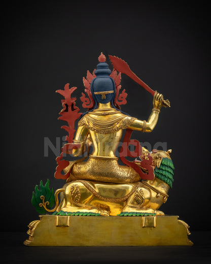 Back view of Simhada Manjushri statue showing intricate lotus seat and lion throne