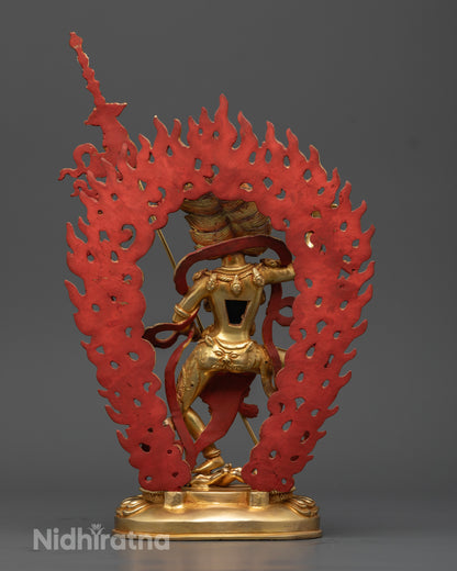 Back view of Simhamukha Statue highlighting intricate gold-coated copper craftsmanship