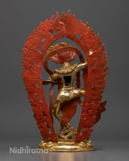 Back view of Simhamukha statue highlighting detailed fire backdrop and artisan work
