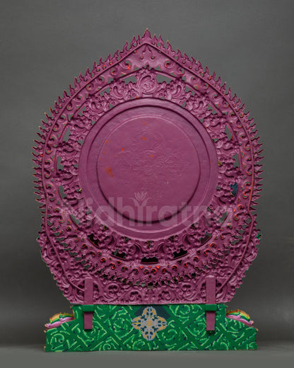 Back view of Six-Armed Mahakala Statue showing flaming halo