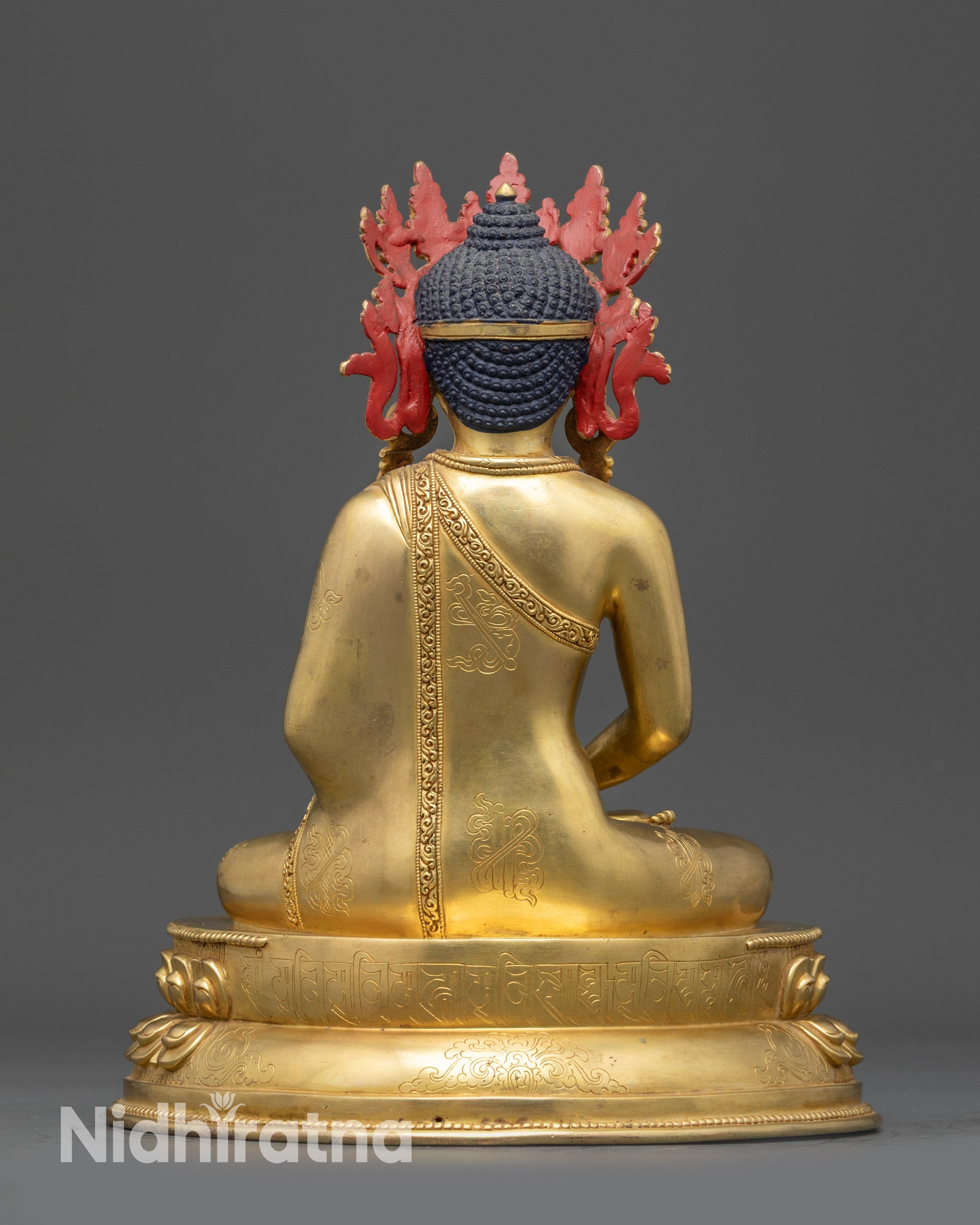Back view of Tibetan Amitabha Buddha Statue showing detailed robe patterns and craftsmanship