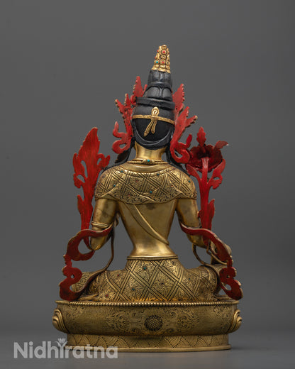 Back view of Tibetan Green Tara Statue handcrafted using lost wax method