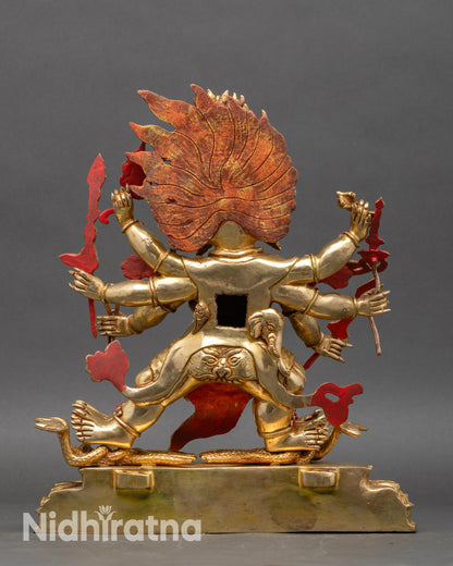 Back view of Tibetan Hayagriva statue showing intricate halo and lotus seat