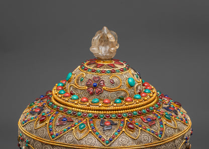 Back view of Tibetan Rice Pot crowned with crystal half-vajra handle for blessings & protection