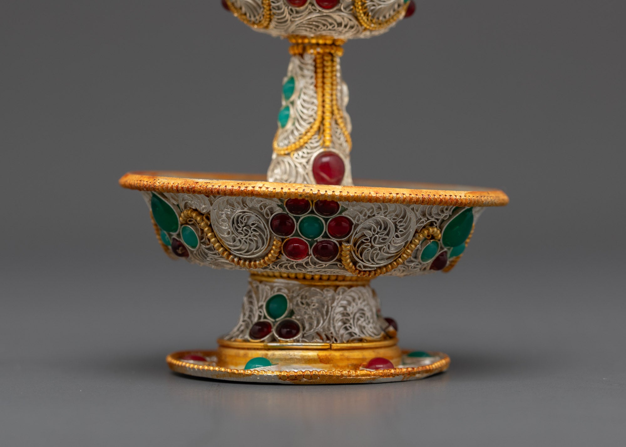 Back view of Tibetan Serkyem Offering Bowl displaying two-piece design and silver plating