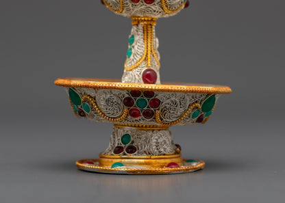 Back view of Tibetan Serkyem Offering Bowl displaying two-piece design and silver plating
