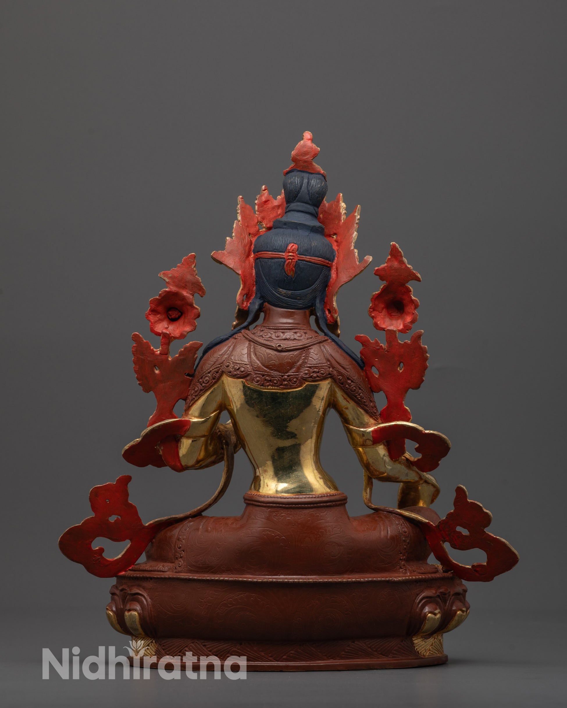 Back view of Traditional Nepalese Green Tara Statue crafted from copper