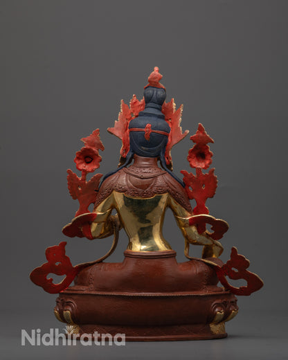 Back view of Traditional Nepalese Green Tara Statue crafted from copper
