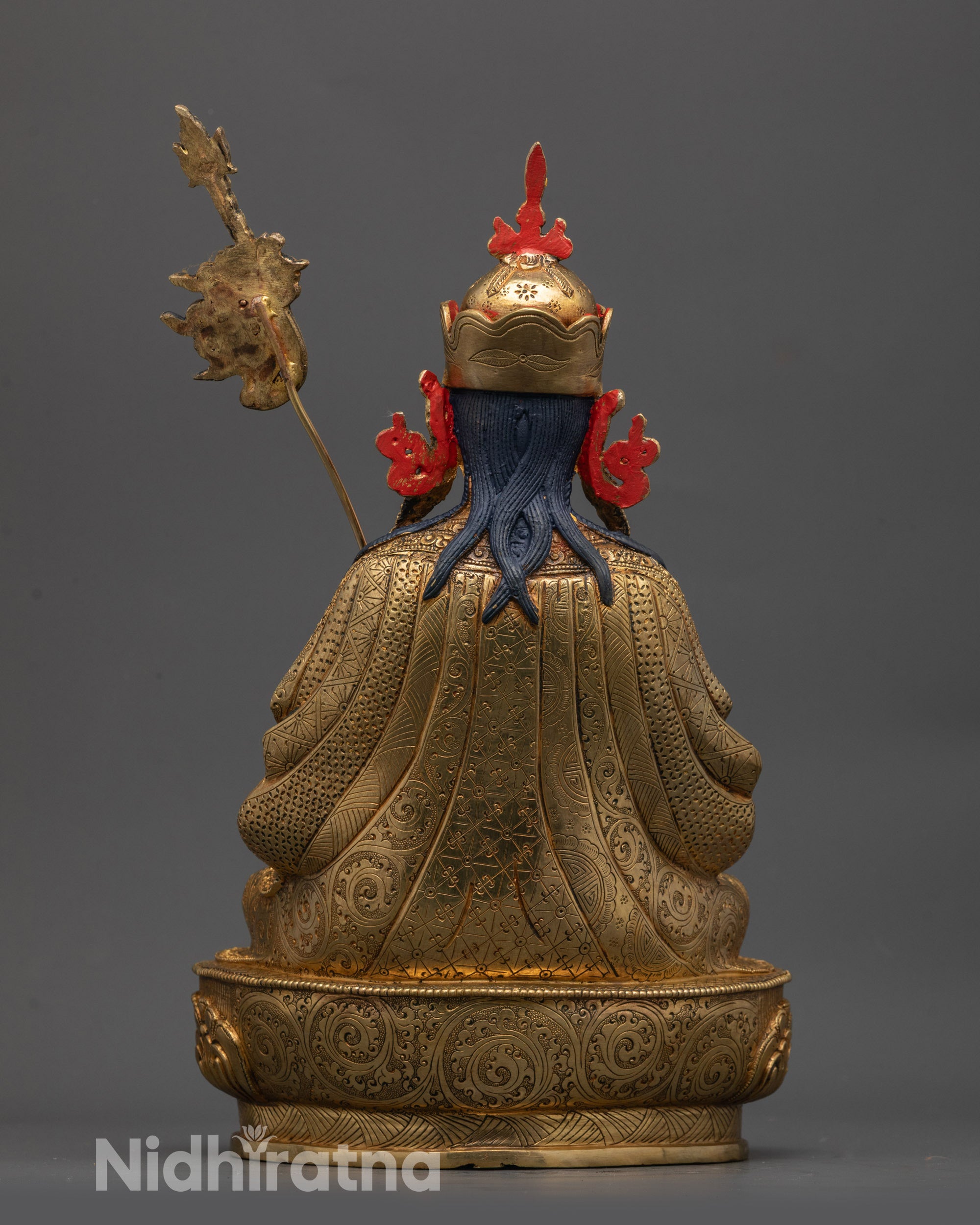 Back view of Tsokye Dorje Statue, intricate details and 24k fire gold gilding
