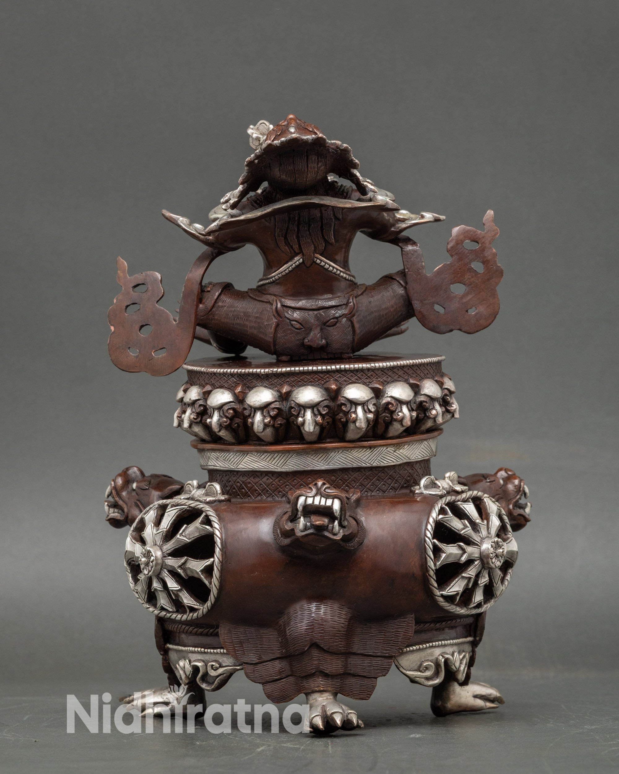 Back view of Vajradhaka incense burner highlighting detailed Newari craftsmanship and hollow chamber design