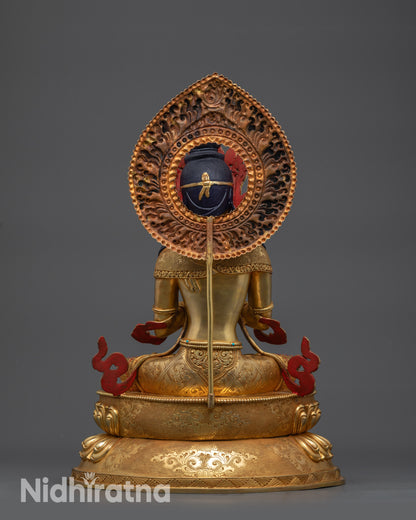 Back view of Vajradhara statue highlighting double-layered lotus pedestal and halo details