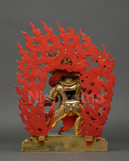 Back view of Vajrapani Statue highlighting layered fire-gilding and finely carved copper details