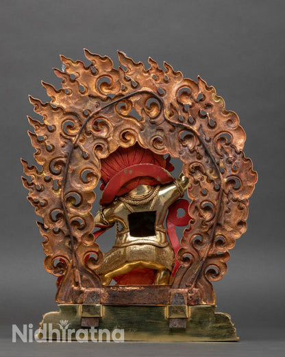 Back view of Vajrapani sculpture, lotus throne and sacred halo, Nepalese copper artistry
