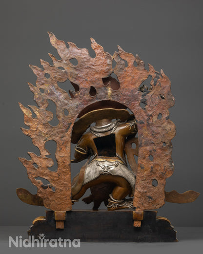 Back view of Vajrapani statue highlighting gold and silver-plated jewelry and detailing