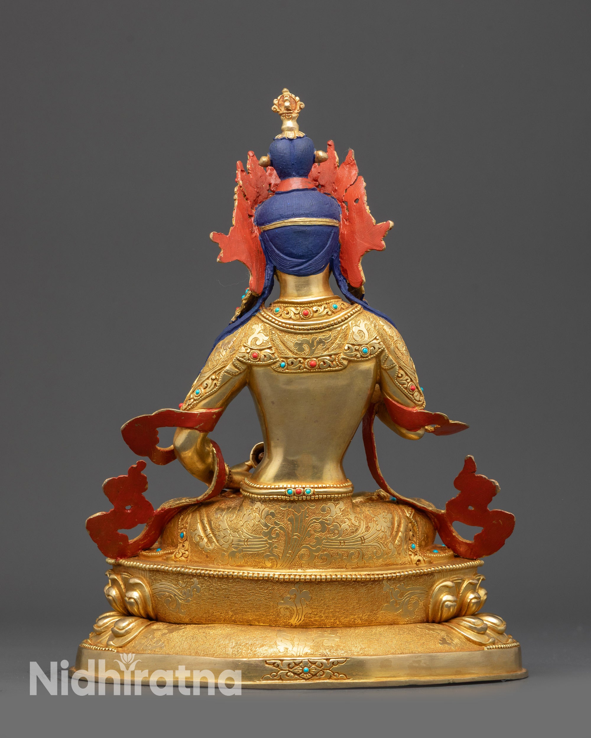 Back view of Vajrasattva Statue displaying semi-precious stones and detailed craftsmanship