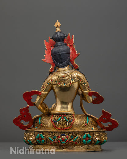 Back view of Vajrasattva Statue highlighting patterned jewelry and detailed lotus seat