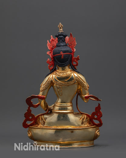 Back view of Vajrasattva statue highlighting carved patterns, lotus seat, and ornate robe details