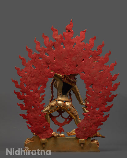 Back view of Vajrayogini Statue with fierce halo and detailed gold-fire-gilded body