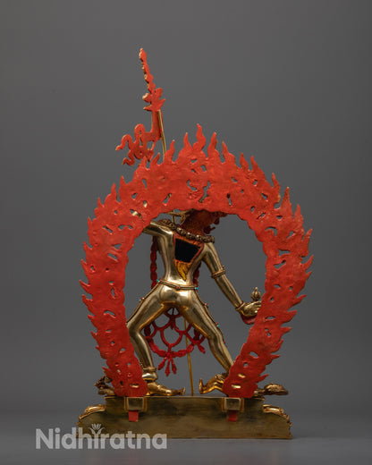 Back view of Vajrayogini statue highlighting intricate throne and hand-carved details