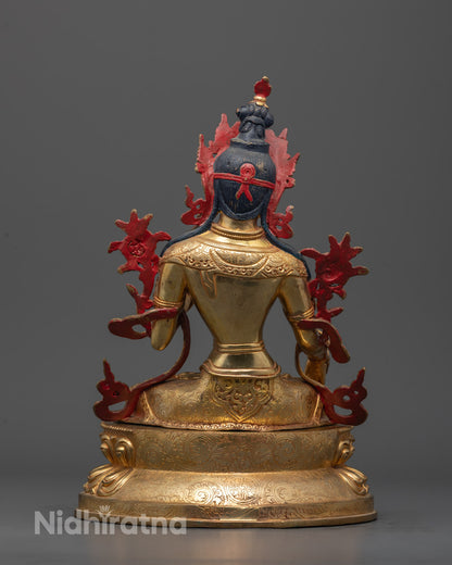 Back view of White Tara Sculpture highlighting elaborate craftsmanship and copper base