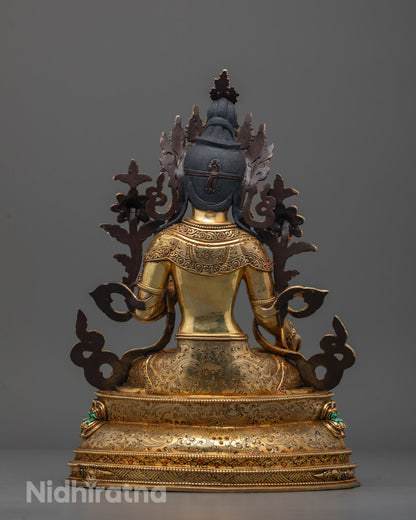 Back view of White Tara Sculpture with intricate double lotus throne and gold gilding shine